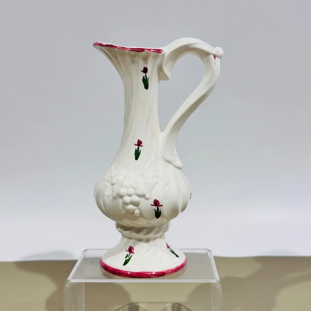 Vintage White‎ Pitcher W Hand Painted Red Flowers Bud Flower Vase Scalloped Rim